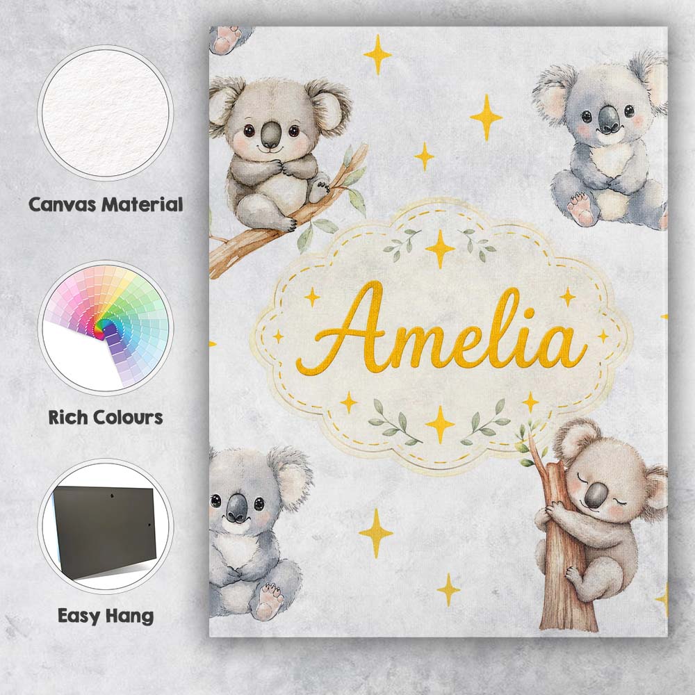 Personalised Name Cute Baby Koala Bears Custom Modern Room Accent Elegant Feature Canvas Wall Art Print Decor Picture Ready to Hang