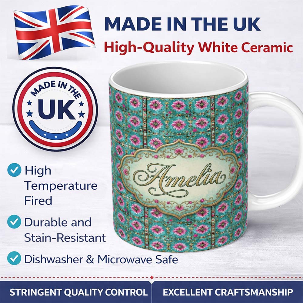 Personalized Custom Name Teal Pink Daisy Floral Tile Pattern Vintage Ornamental Design Lovely 11oz Ceramic Coffee Tea Mug White Large Handle
