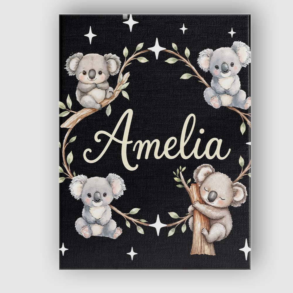 Personalised Name Cute Cartoon Koala Bears Custom Unique Gift Idea Elegant Feature Canvas Wall Art Print Decor Picture Ready to Hang