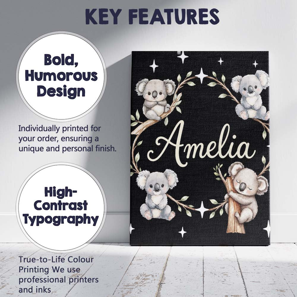 Personalised Name Cute Cartoon Koala Bears Custom Unique Gift Idea Elegant Feature Canvas Wall Art Print Decor Picture Ready to Hang