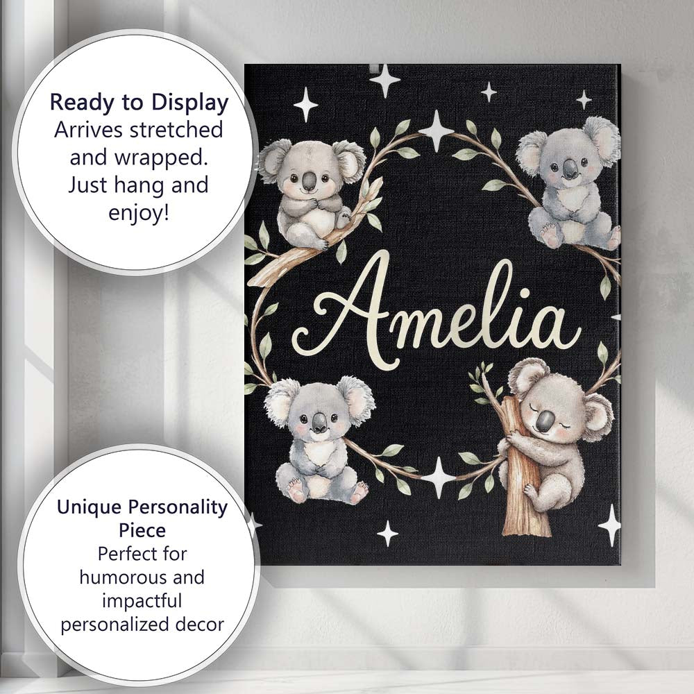 Personalised Name Cute Cartoon Koala Bears Custom Unique Gift Idea Elegant Feature Canvas Wall Art Print Decor Picture Ready to Hang