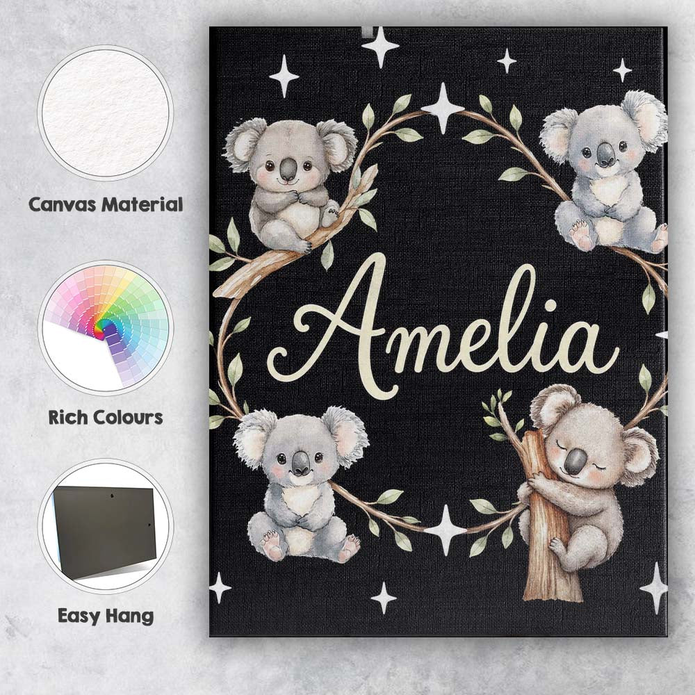Personalised Name Cute Cartoon Koala Bears Custom Unique Gift Idea Elegant Feature Canvas Wall Art Print Decor Picture Ready to Hang