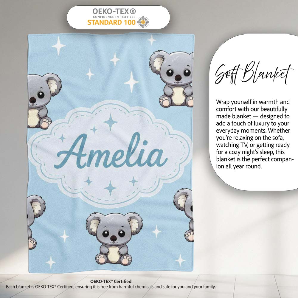 Cute Cartoon Koala Bears with Stars on Blue Background Seamless Personalised Custom Name Super Soft Fleece Blanket Bed Sofa Throw
