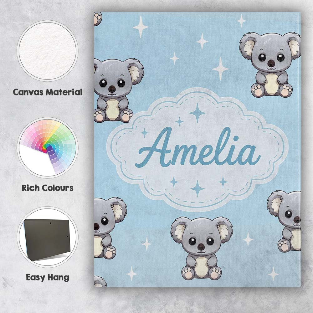 Personalised Name Cute Cartoon Koala Bears Custom Unique Gift Idea Elegant Feature Canvas Wall Art Print Decor Picture Ready to Hang