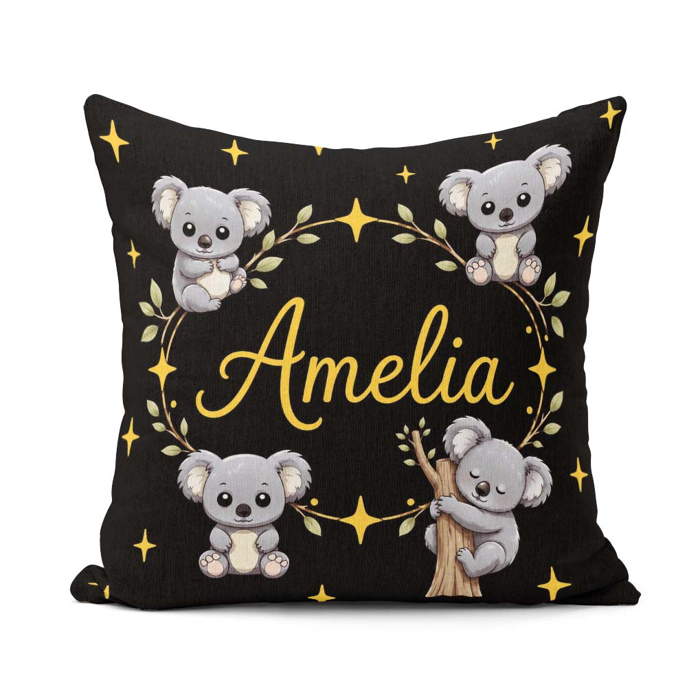 Custom Name Cute Cartoon Koala Bears with Yellow Stars on Black Square Filled Cushion Throw Pillow Sofa Bed Home Decor Zip Washable UK Made