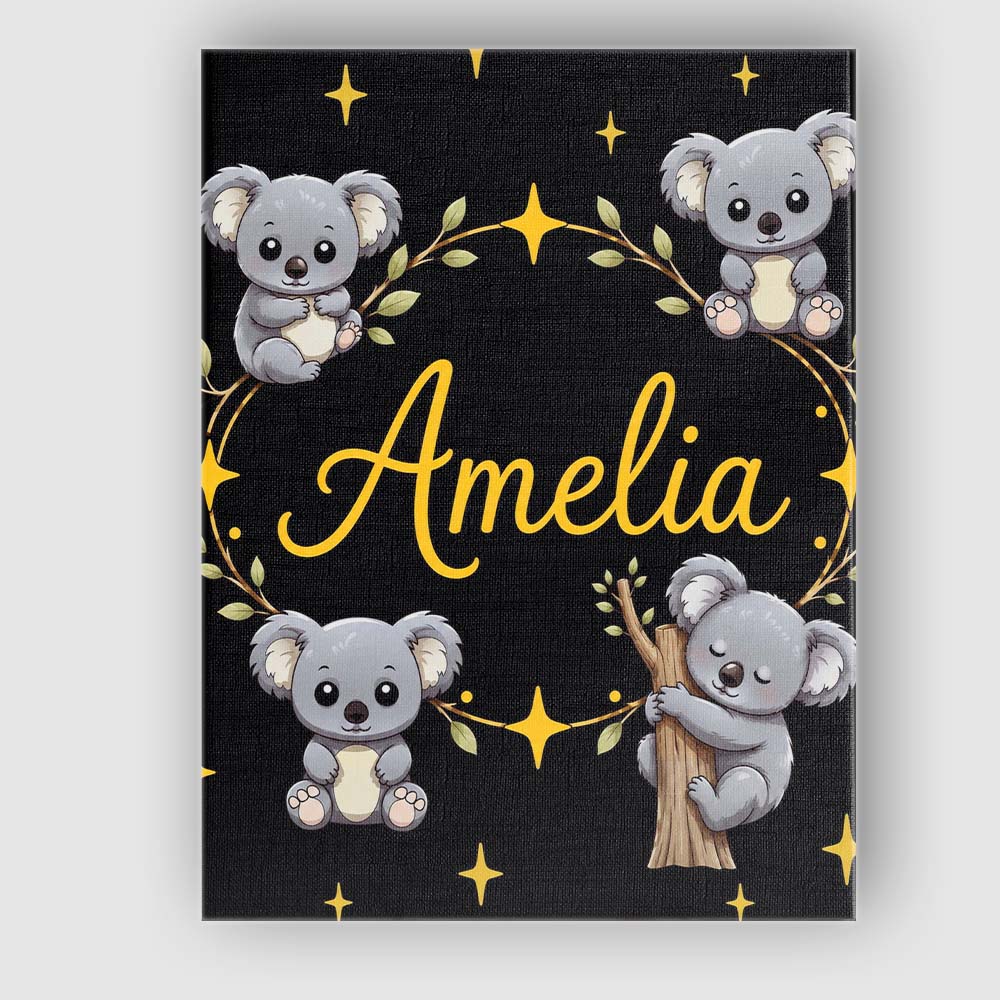 Personalised Name Cute Cartoon Koala Bears Custom Unique Gift Idea Elegant Feature Canvas Wall Art Print Decor Picture Ready to Hang