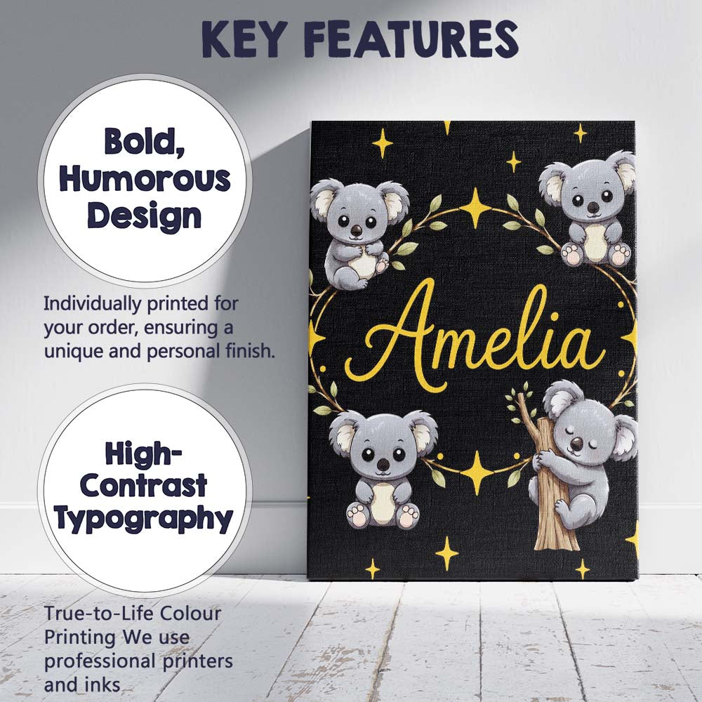 Personalised Name Cute Cartoon Koala Bears Custom Unique Gift Idea Elegant Feature Canvas Wall Art Print Decor Picture Ready to Hang