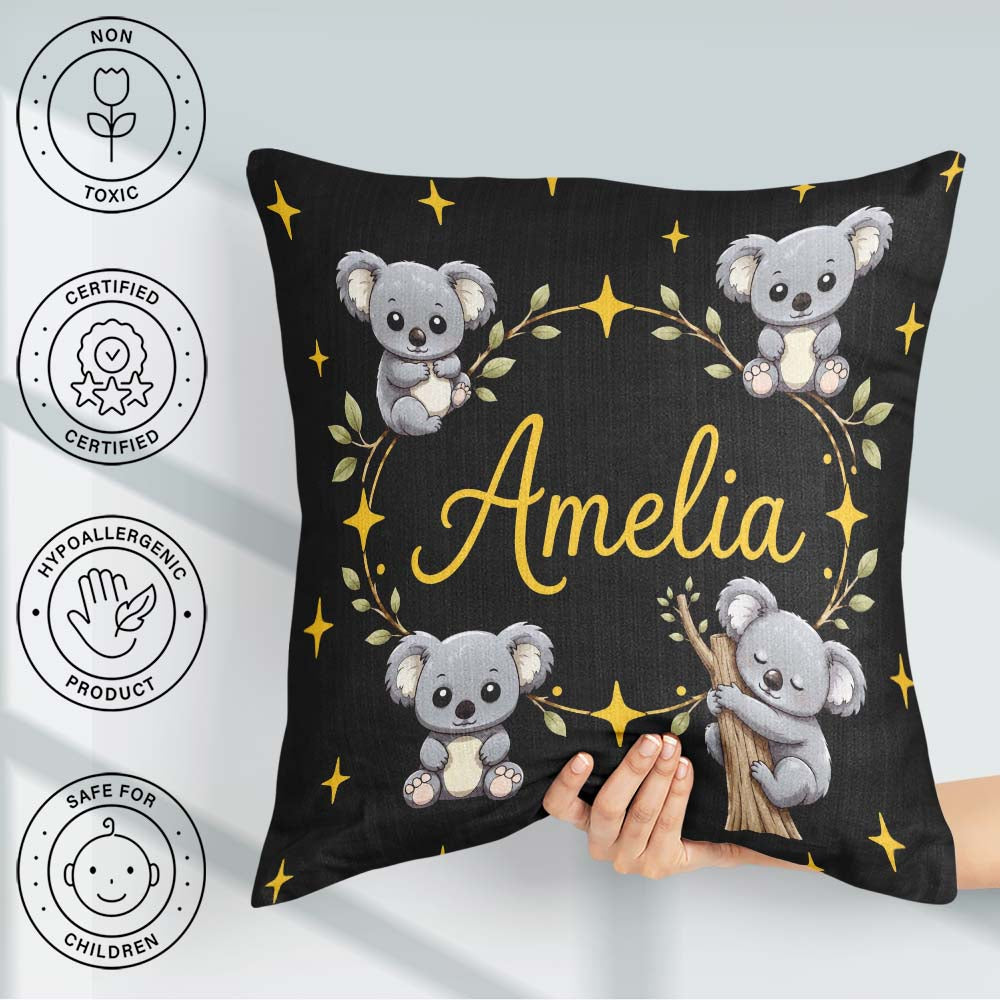 Custom Name Cute Cartoon Koala Bears with Yellow Stars on Black Square Filled Cushion Throw Pillow Sofa Bed Home Decor Zip Washable UK Made