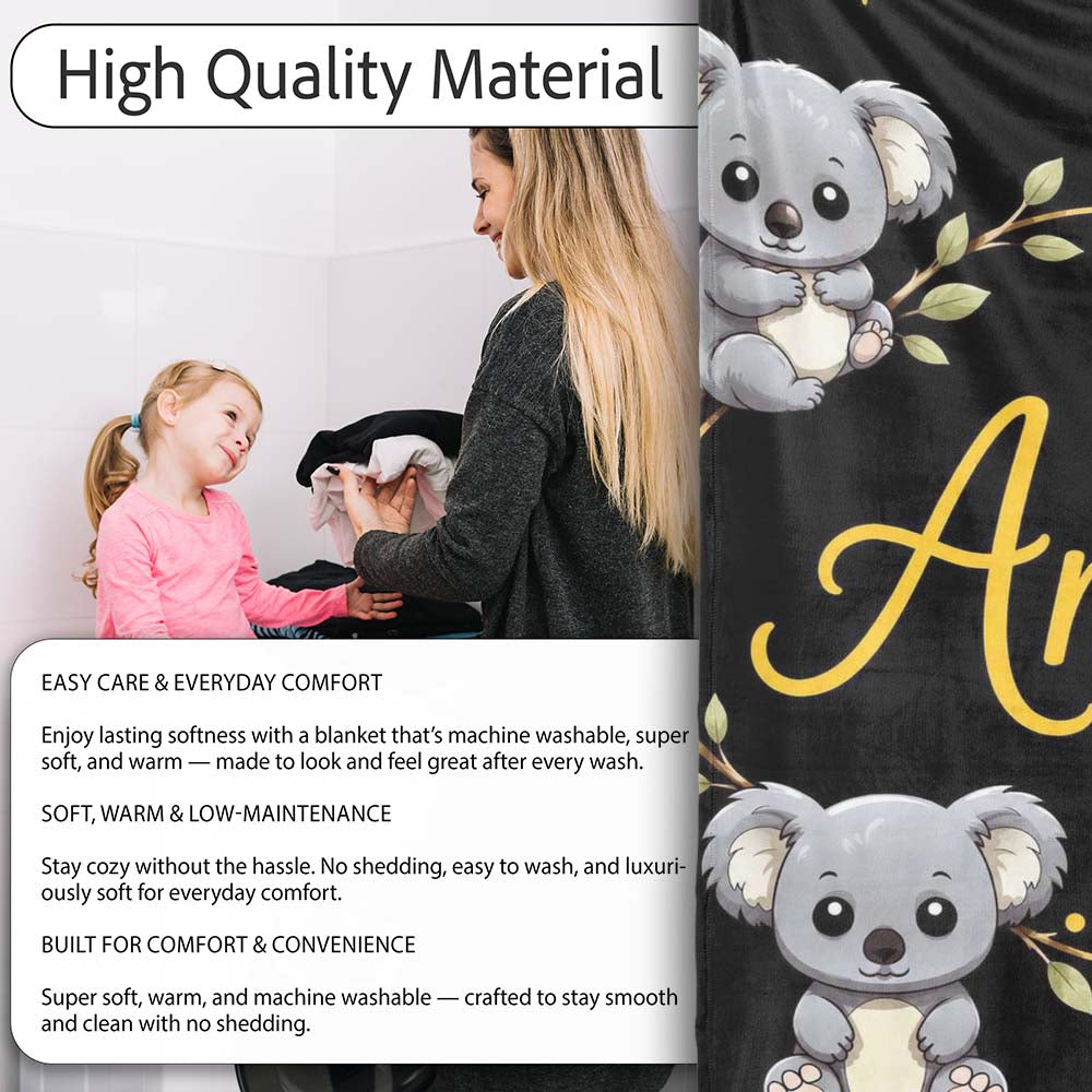 Cute Cartoon Koala Bears with Yellow Stars on Black Background Personalised Custom Name Super Soft Fleece Blanket Bed Sofa Throw