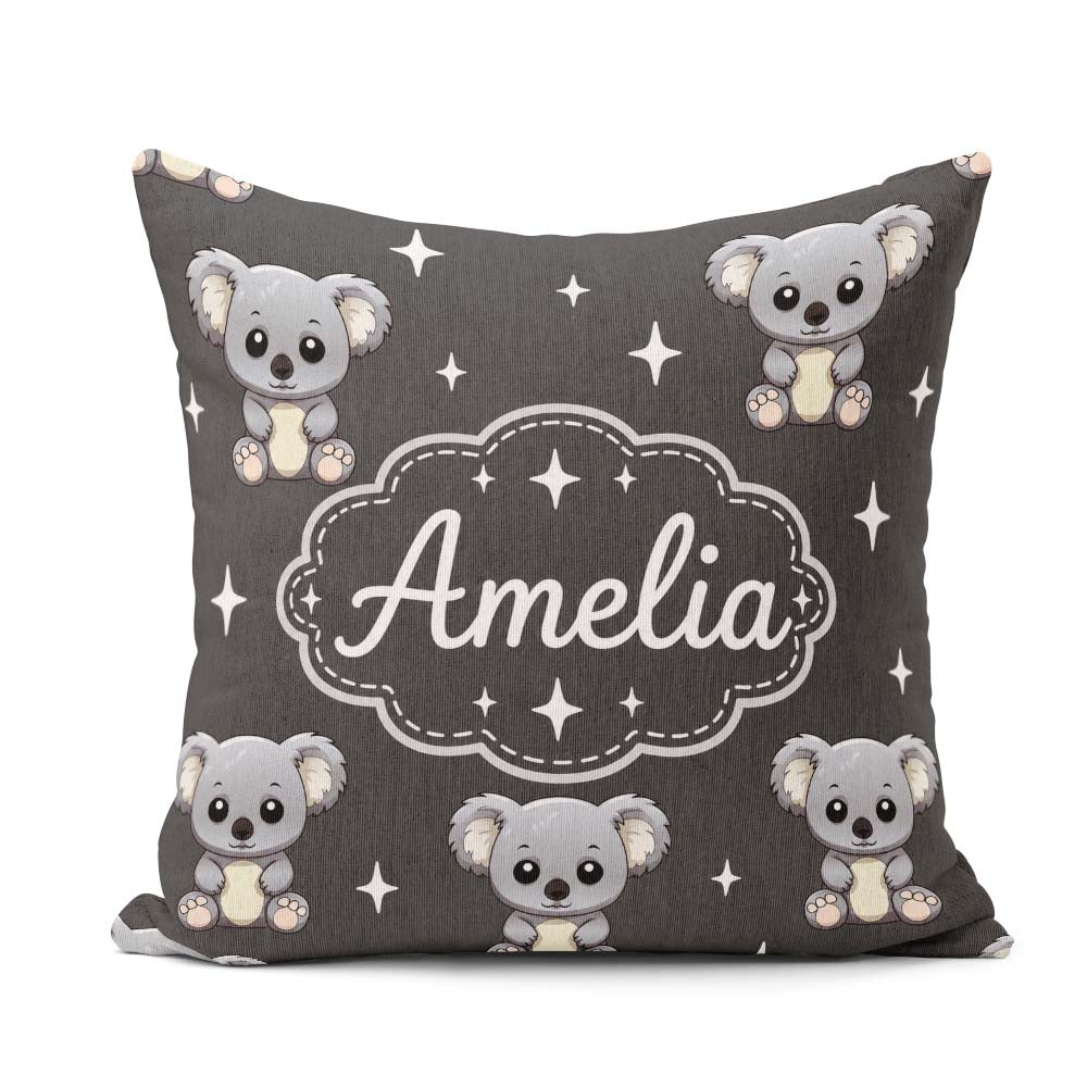 Custom Name Koala Bears with White Stars on Dark Grey Background Square Filled Cushion Throw Pillow Sofa Bed Home Decor Zip Washable UK Made