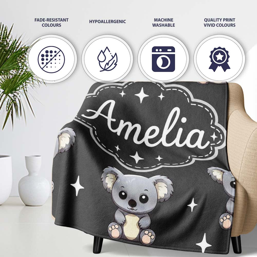 Cute Cartoon Koala Bears with White Stars on Dark Grey Background Personalised Custom Name Super Soft Fleece Blanket Bed Sofa Throw