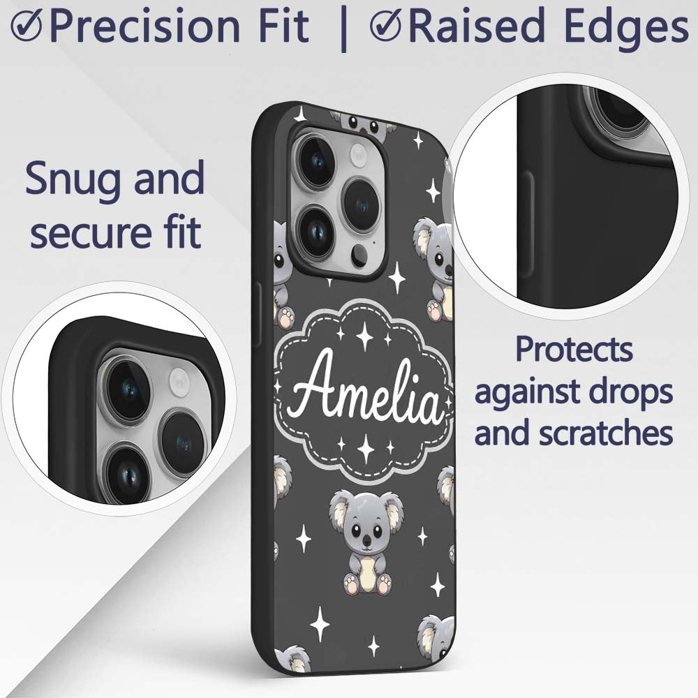 Cute Cartoon Koala Bears with White Stars on Dark Custom Name Protective Phone Case Mobile Cover Durable Everyday Smartphone Shock Resistant