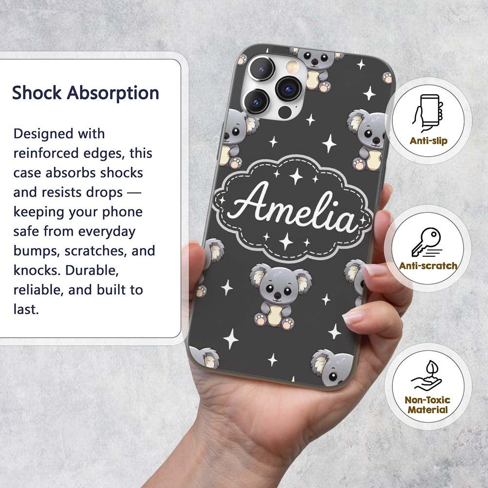 Cute Cartoon Koala Bears with White Stars on Dark Custom Name Protective Phone Case Mobile Cover Durable Everyday Smartphone Shock Resistant