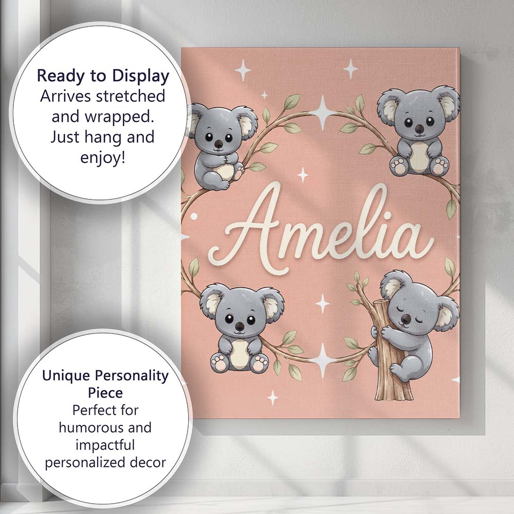 Personalised Name Cute Cartoon Koala Bears Custom Unique Gift Idea Elegant Feature Canvas Wall Art Print Decor Picture Ready to Hang