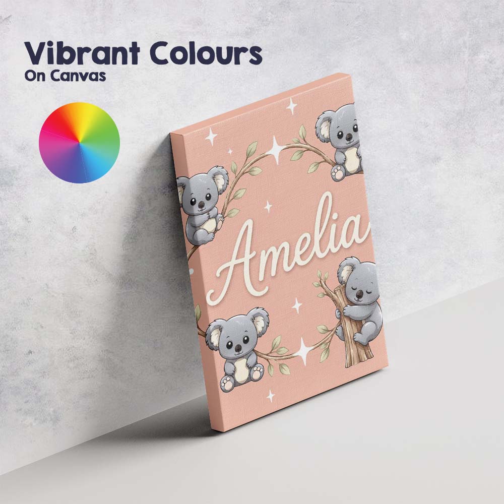 Personalised Name Cute Cartoon Koala Bears Custom Unique Gift Idea Elegant Feature Canvas Wall Art Print Decor Picture Ready to Hang