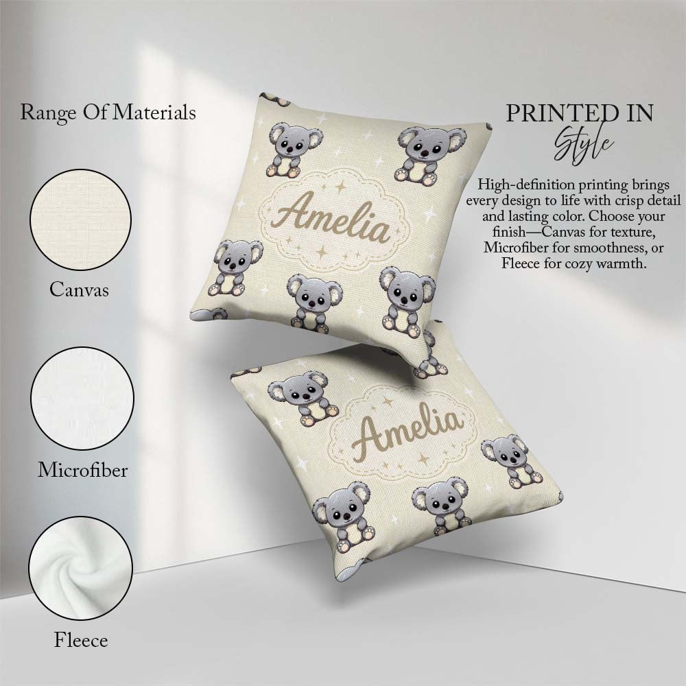 Custom Name Cartoon Koala Bears with White Stars on Light Beige Square Filled Cushion Throw Pillow Sofa Bed Home Decor Zip Washable UK Made