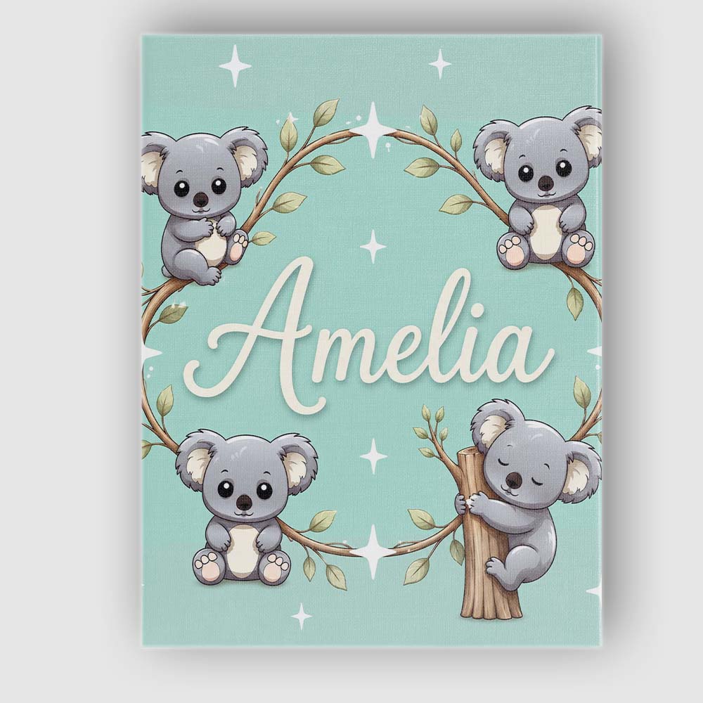Personalised Name Cute Cartoon Koala Bears Custom Unique Gift Idea Elegant Feature Canvas Wall Art Print Decor Picture Ready to Hang