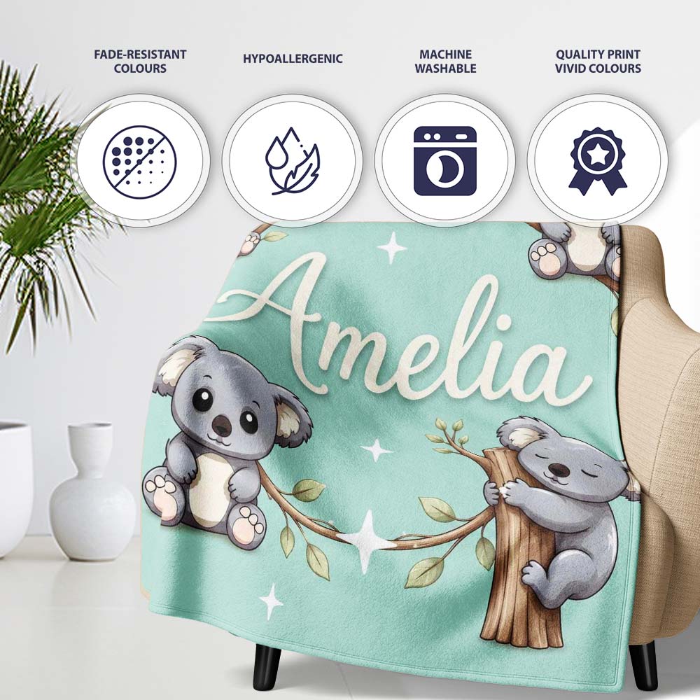 Cute Cartoon Koala Bears with White Stars on Mint Green Background Personalised Custom Name Super Soft Fleece Blanket Bed Sofa Throw