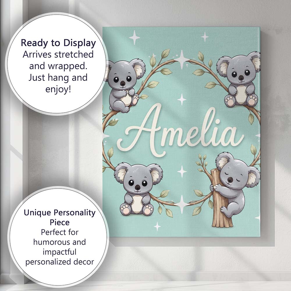 Personalised Name Cute Cartoon Koala Bears Custom Unique Gift Idea Elegant Feature Canvas Wall Art Print Decor Picture Ready to Hang