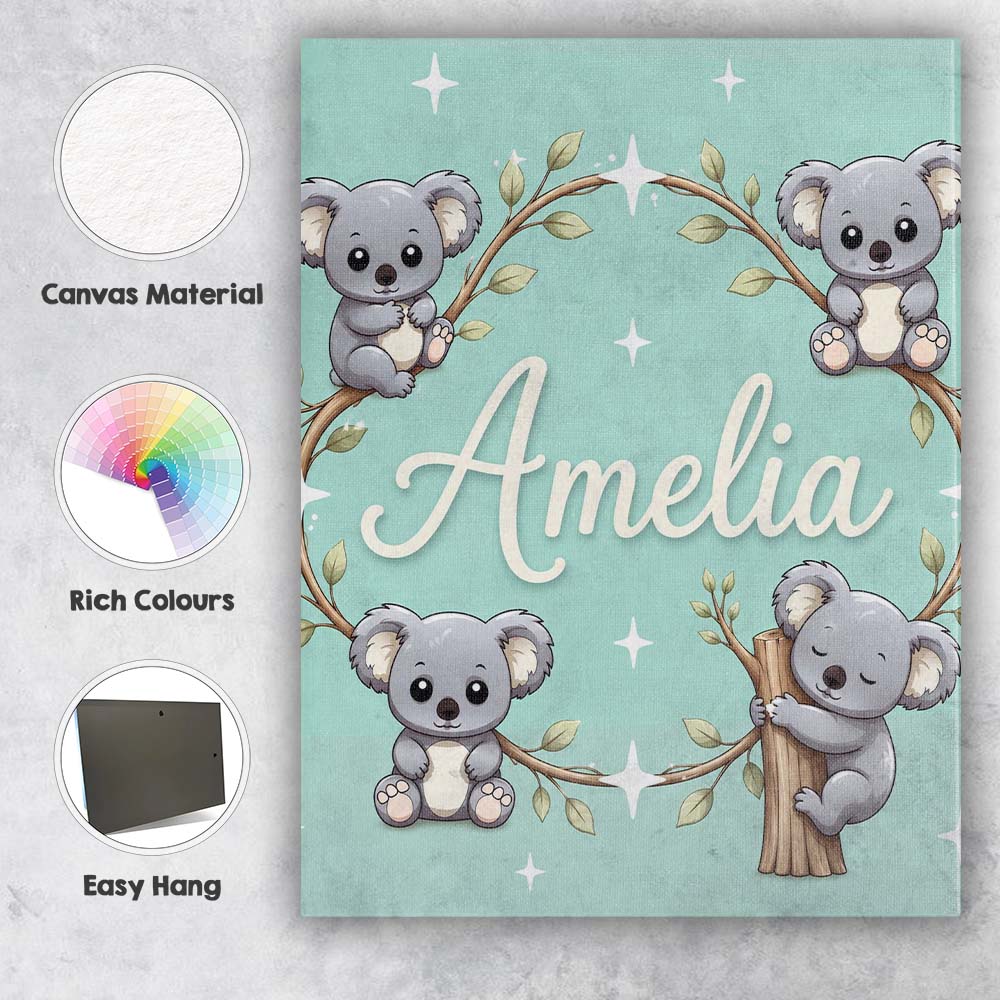 Personalised Name Cute Cartoon Koala Bears Custom Unique Gift Idea Elegant Feature Canvas Wall Art Print Decor Picture Ready to Hang