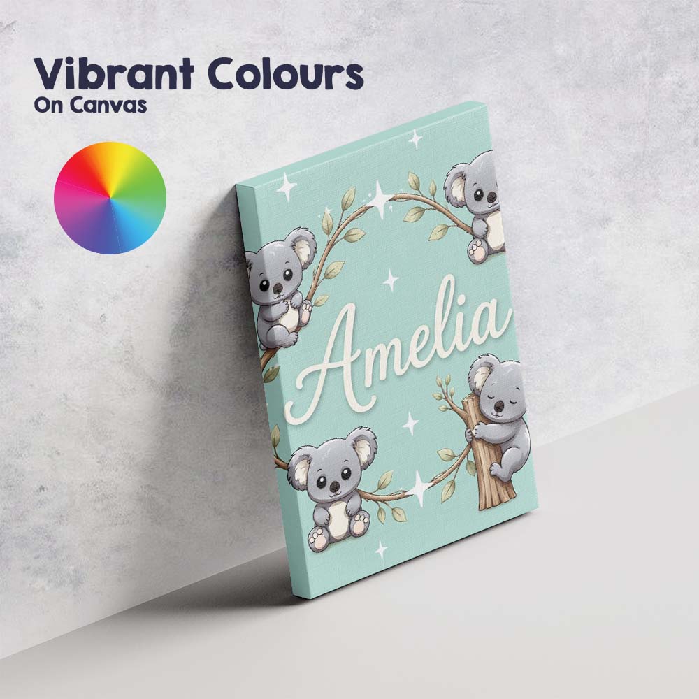 Personalised Name Cute Cartoon Koala Bears Custom Unique Gift Idea Elegant Feature Canvas Wall Art Print Decor Picture Ready to Hang