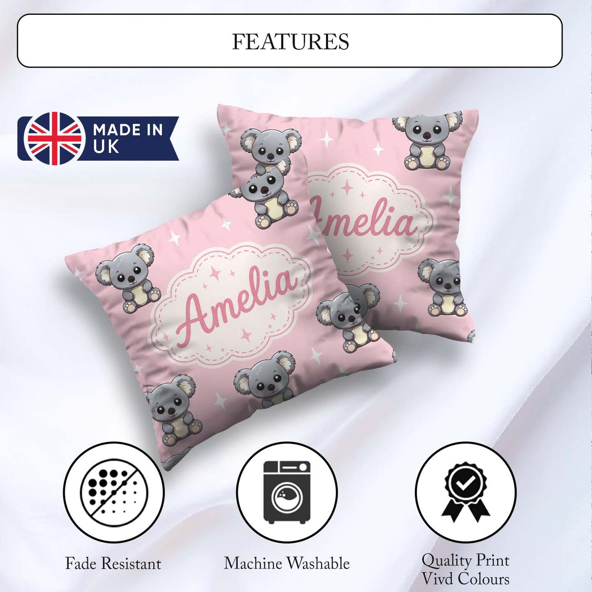 Custom Name Koala Bears with White Stars on Soft Pink Background Square Filled Cushion Throw Pillow Sofa Bed Home Decor Zip Washable UK Made