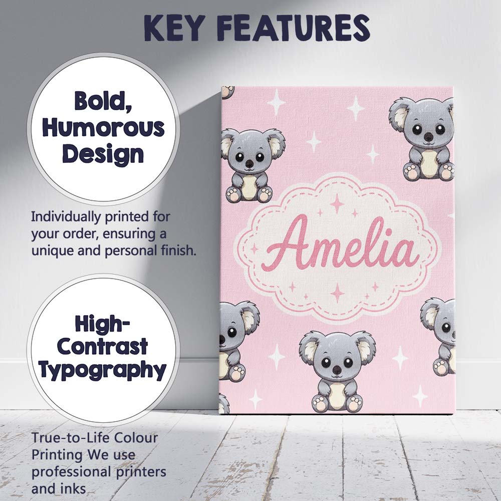 Personalised Name Cute Cartoon Koala Bears Custom Unique Gift Idea Elegant Feature Canvas Wall Art Print Decor Picture Ready to Hang