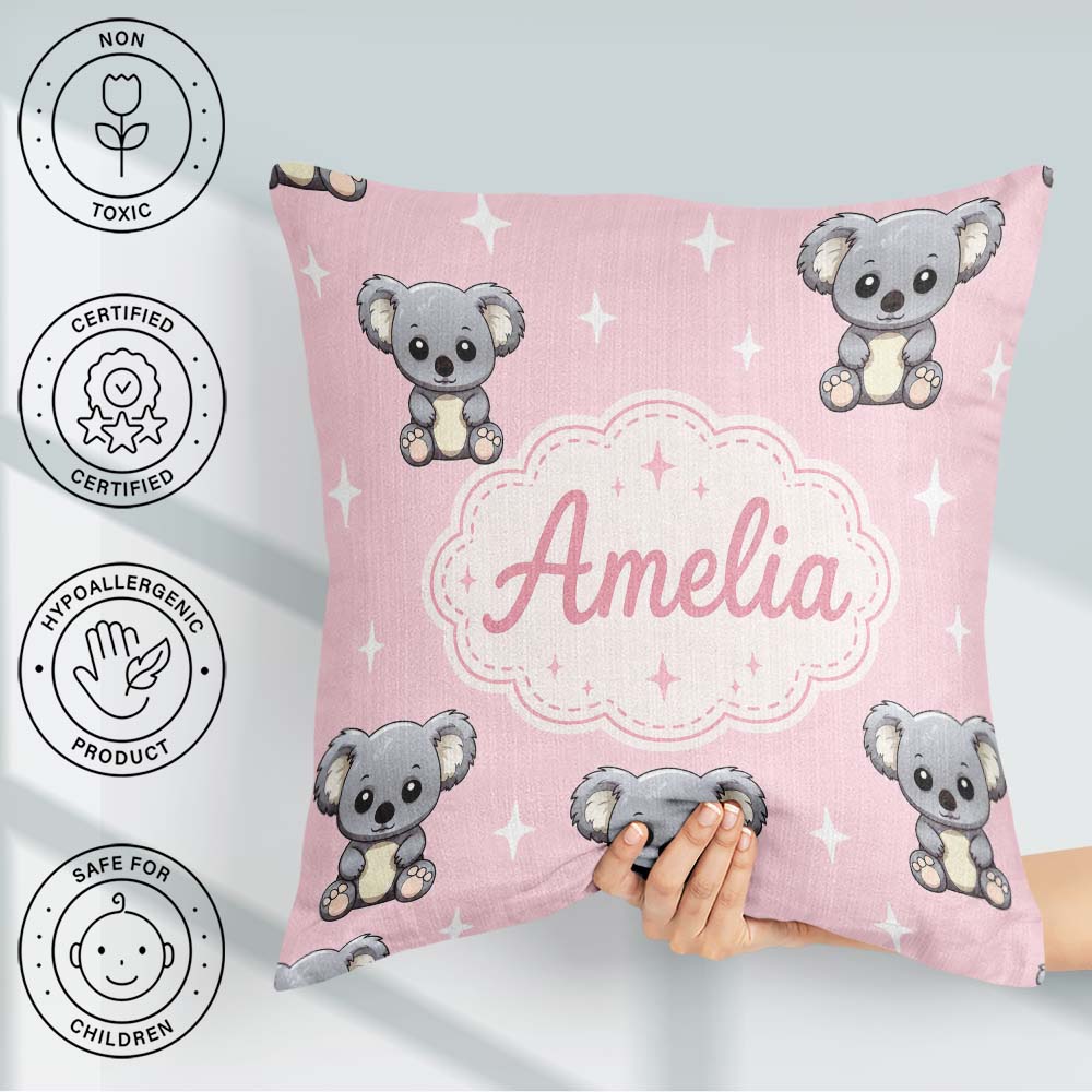 Custom Name Koala Bears with White Stars on Soft Pink Background Square Filled Cushion Throw Pillow Sofa Bed Home Decor Zip Washable UK Made