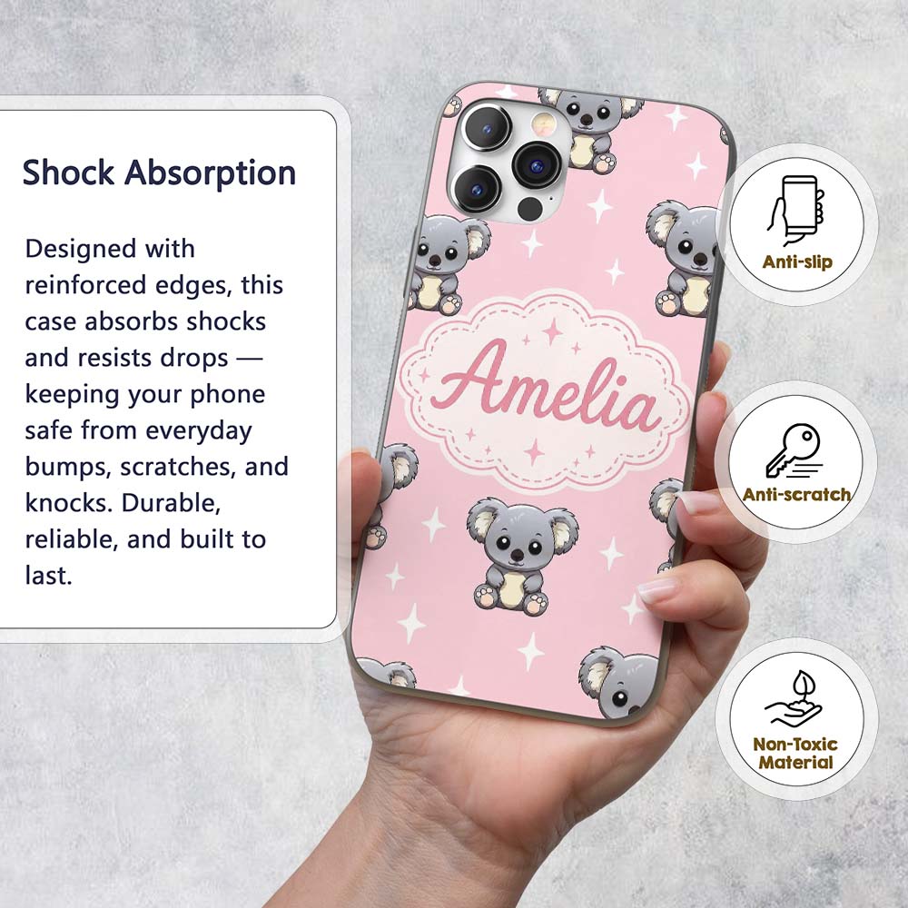 Cute Cartoon Koala Bears with White Stars on Soft Custom Name Protective Phone Case Mobile Cover Durable Everyday Smartphone Shock Resistant