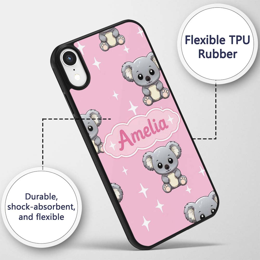Cute Cartoon Koala Bears with White Stars on Rose Custom Name Protective Phone Case Mobile Cover Durable Everyday Smartphone Shock Resistant