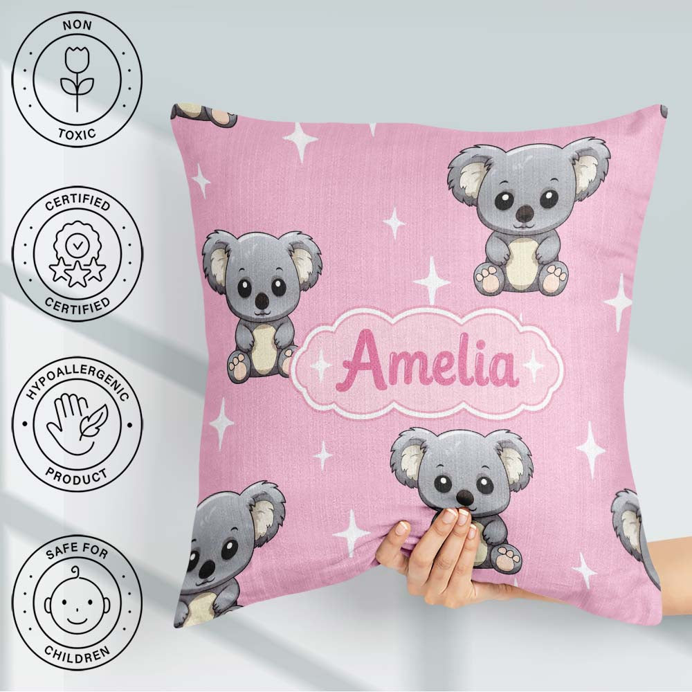 Custom Name Koala Bears with White Stars on Rose Pink Background Square Filled Cushion Throw Pillow Sofa Bed Home Decor Zip Washable UK Made