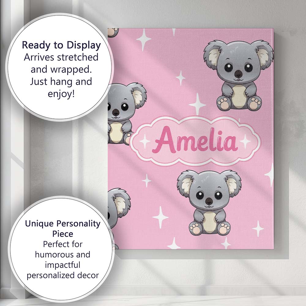 Personalised Name Cute Cartoon Koala Bears Custom Unique Gift Idea Elegant Feature Canvas Wall Art Print Decor Picture Ready to Hang