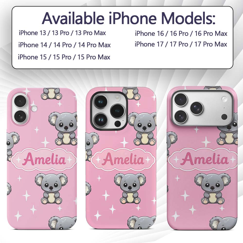 Cute Cartoon Koala Bears with White Stars on Rose Custom Name Protective Phone Case Mobile Cover Durable Everyday Smartphone Shock Resistant