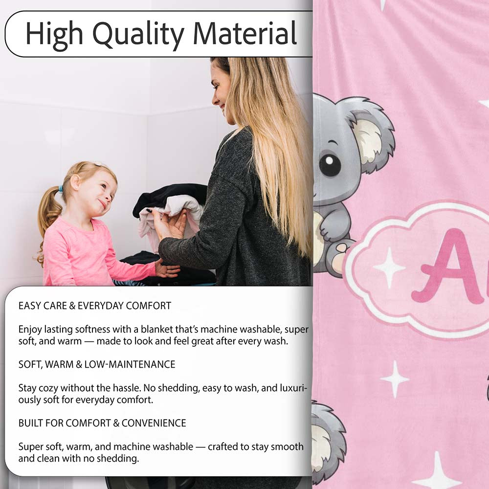 Cute Cartoon Koala Bears with White Stars on Rose Pink Background Personalised Custom Name Super Soft Fleece Blanket Bed Sofa Throw