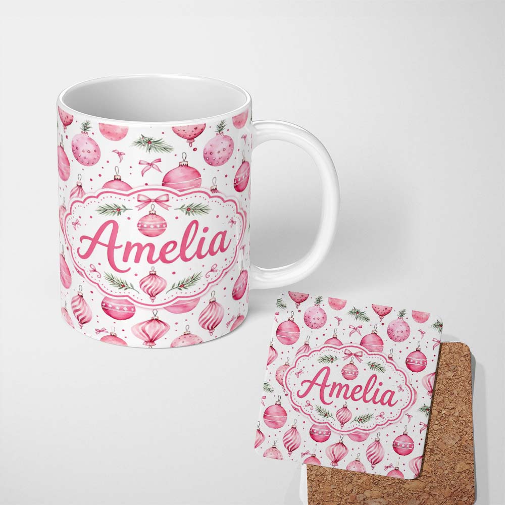 Personalized Custom Name Watercolor Pink Christmas Bauble Pine Branch Seamless Pattern Lovely 11oz Ceramic Coffee Tea Mug White Large Handle