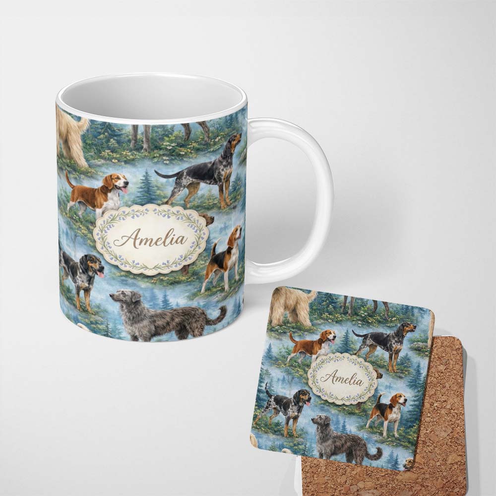 Personalized Custom Name Watercolor Hunting Dogs Forest Nature Seamless Pattern Lovely 11oz Ceramic Coffee Tea Mug White Large Handle