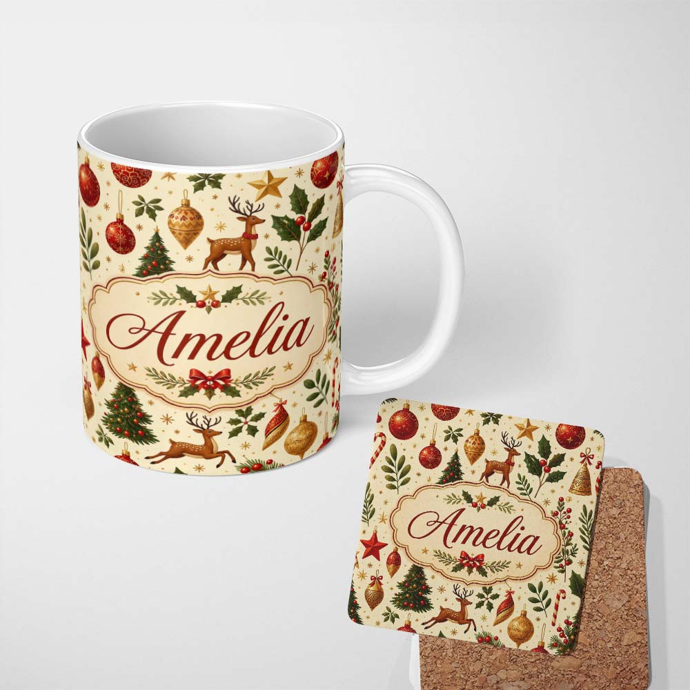 Personalized Custom Name Festive Reindeer Christmas Trees Ornaments Seamless Pattern Holiday 11oz Ceramic Coffee Tea Mug White Large Handle