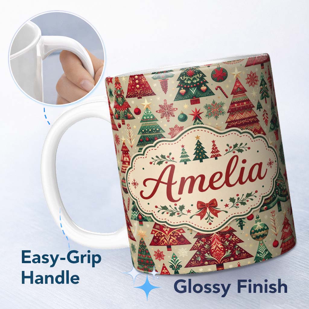 Personalized Custom Name Vintage Christmas Trees Ornaments Red Green Holiday Seamless Pattern 11oz Ceramic Coffee Tea Mug White Large Handle