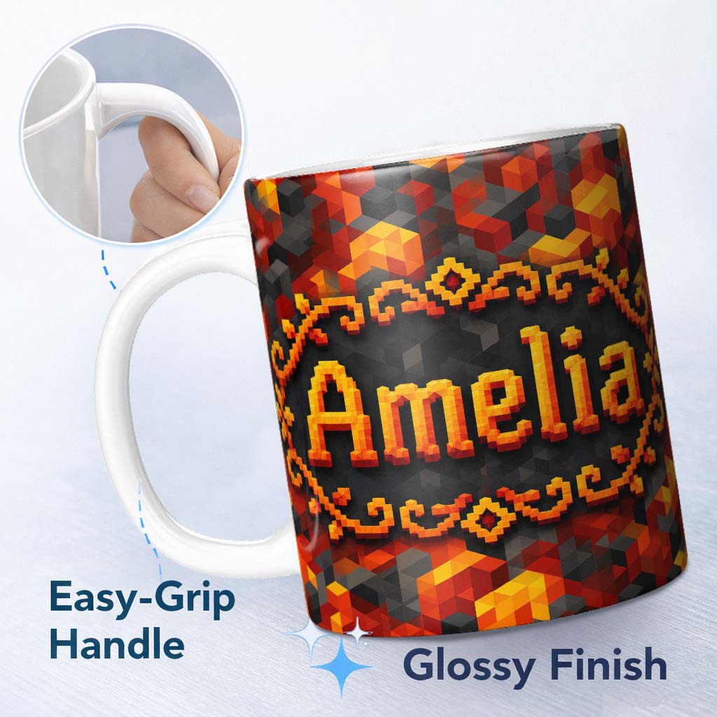 Personalized Custom Name Red Yellow Geometric Cube Abstract Seamless Pattern Cute Unique Gift 11oz Ceramic Coffee Tea Mug White Large Handle