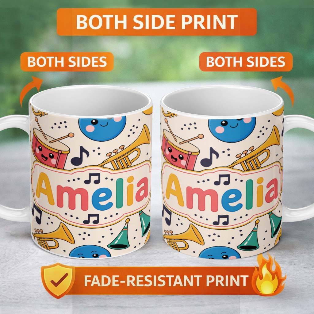 Personalized Custom Name Cute Musical Instruments Notes Cartoon Fun Seamless Pattern 11oz Ceramic Coffee Tea Mug White Large Handle