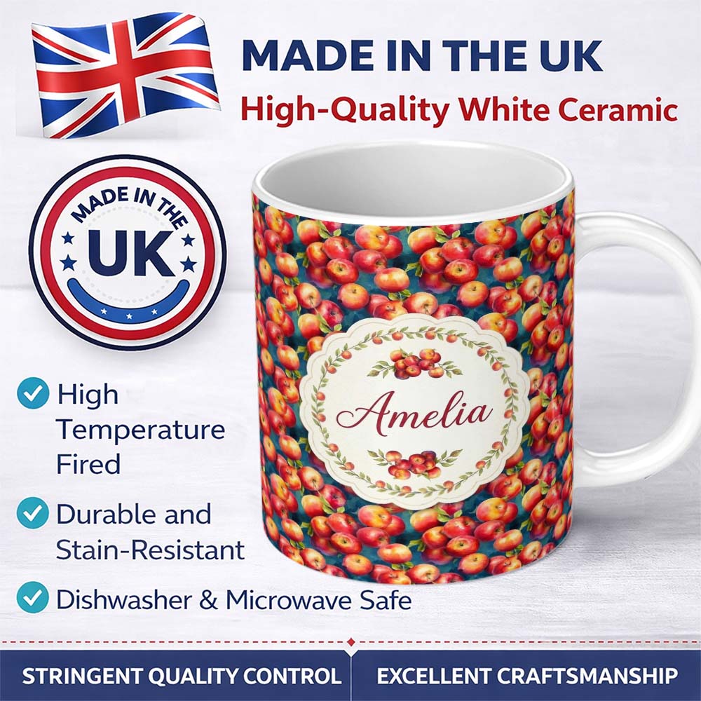 Personalized Custom Name Watercolor Red Apples with Deep Blue Background Seamless Pattern 11oz Ceramic Coffee Tea Mug White Large Handle