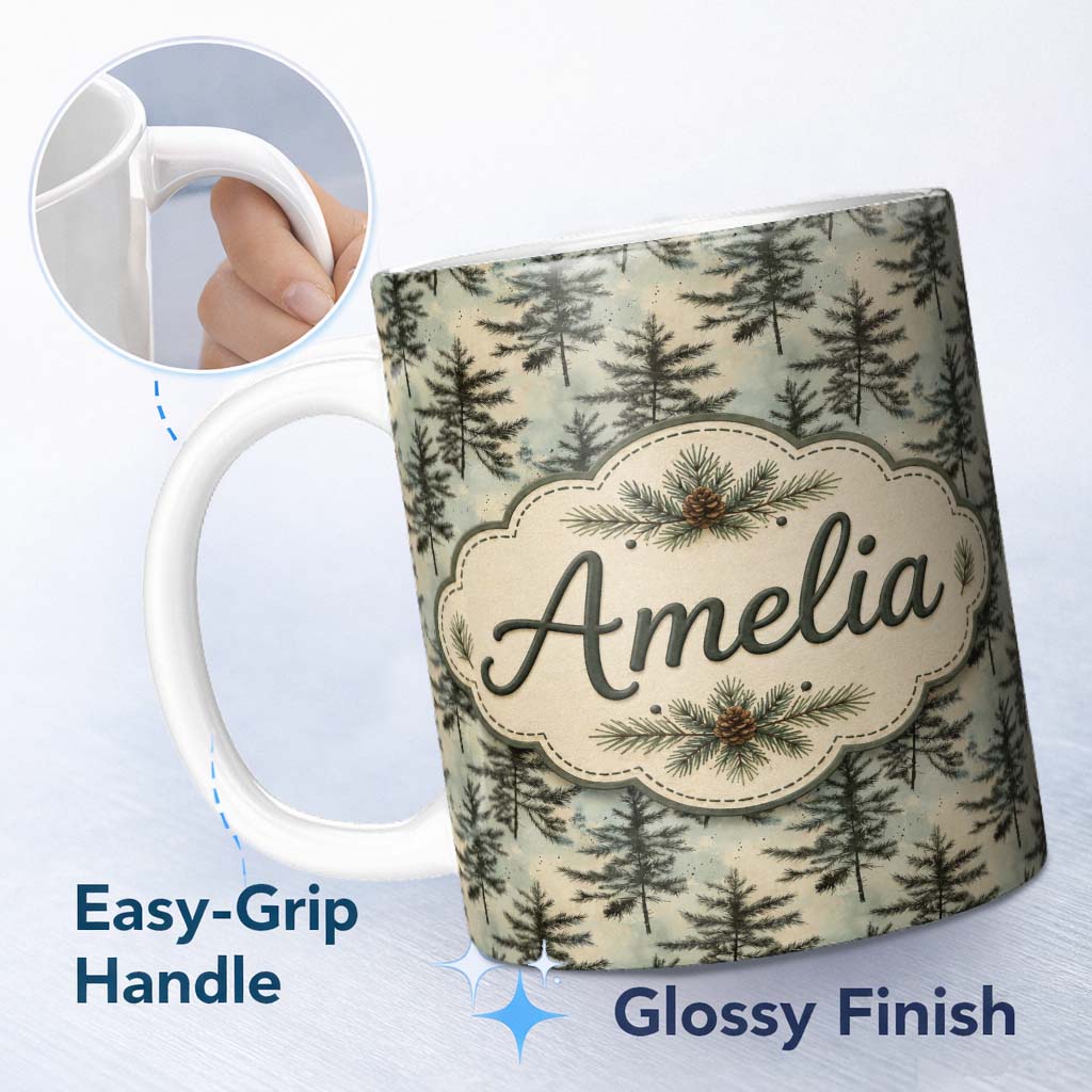 Personalized Custom Name Vintage Pine Tree Silhouette on Soft Neutral Background with Subtle 11oz Ceramic Coffee Tea Mug White Large Handle