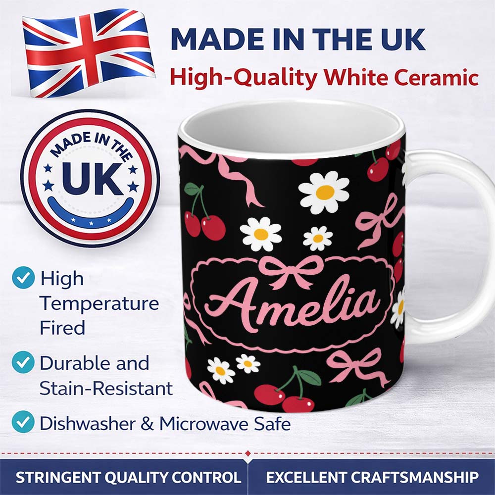 Personalized Custom Name Cute Cherry Bow and Daisy Seamless Pattern on White Grey Lovely 11oz Ceramic Coffee Tea Mug White Large Handle