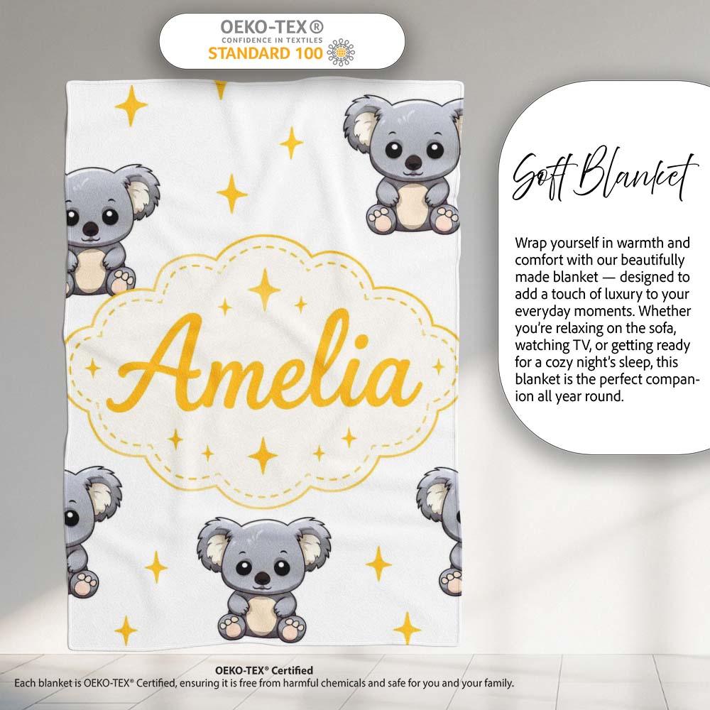 Cute Cartoon Koala Bears with Yellow Stars on Light Grey Background Personalised Custom Name Super Soft Fleece Blanket Bed Sofa Throw