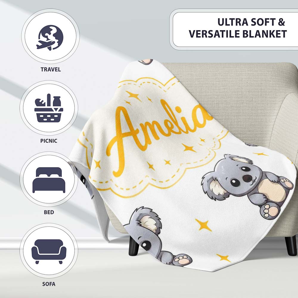 Cute Cartoon Koala Bears with Yellow Stars on Light Grey Background Personalised Custom Name Super Soft Fleece Blanket Bed Sofa Throw