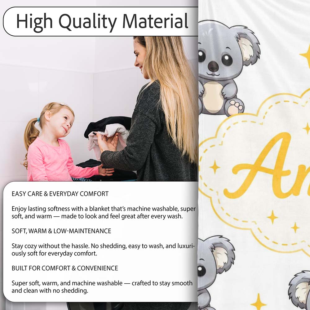 Cute Cartoon Koala Bears with Yellow Stars on Light Grey Background Personalised Custom Name Super Soft Fleece Blanket Bed Sofa Throw