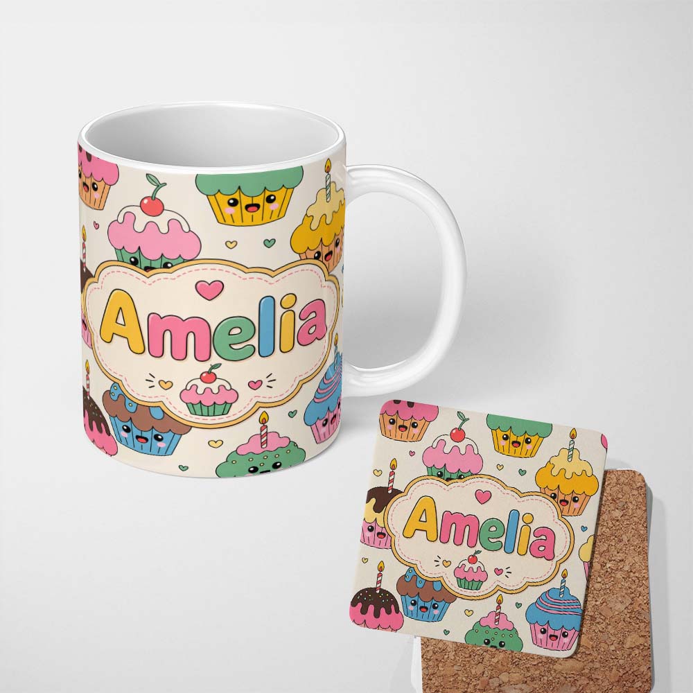Personalized Custom Name Cute Birthday Cupcakes Candles Sweet Treats Seamless Pattern Lovely 11oz Ceramic Coffee Tea Mug White Large Handle