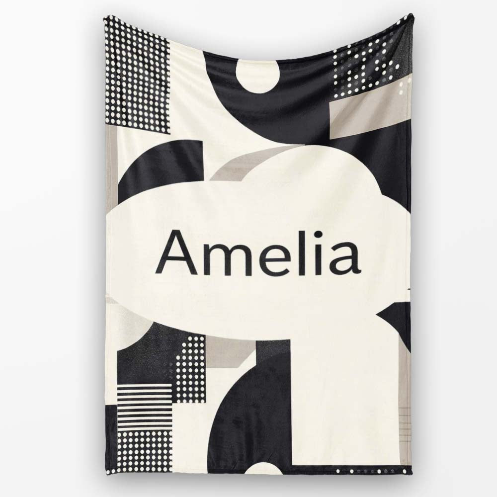 Modern Geometric Circles Black Cream Mid Century Abstract Pattern Personalised Custom Name Super Soft Fleece Blanket Bed Sofa Throw