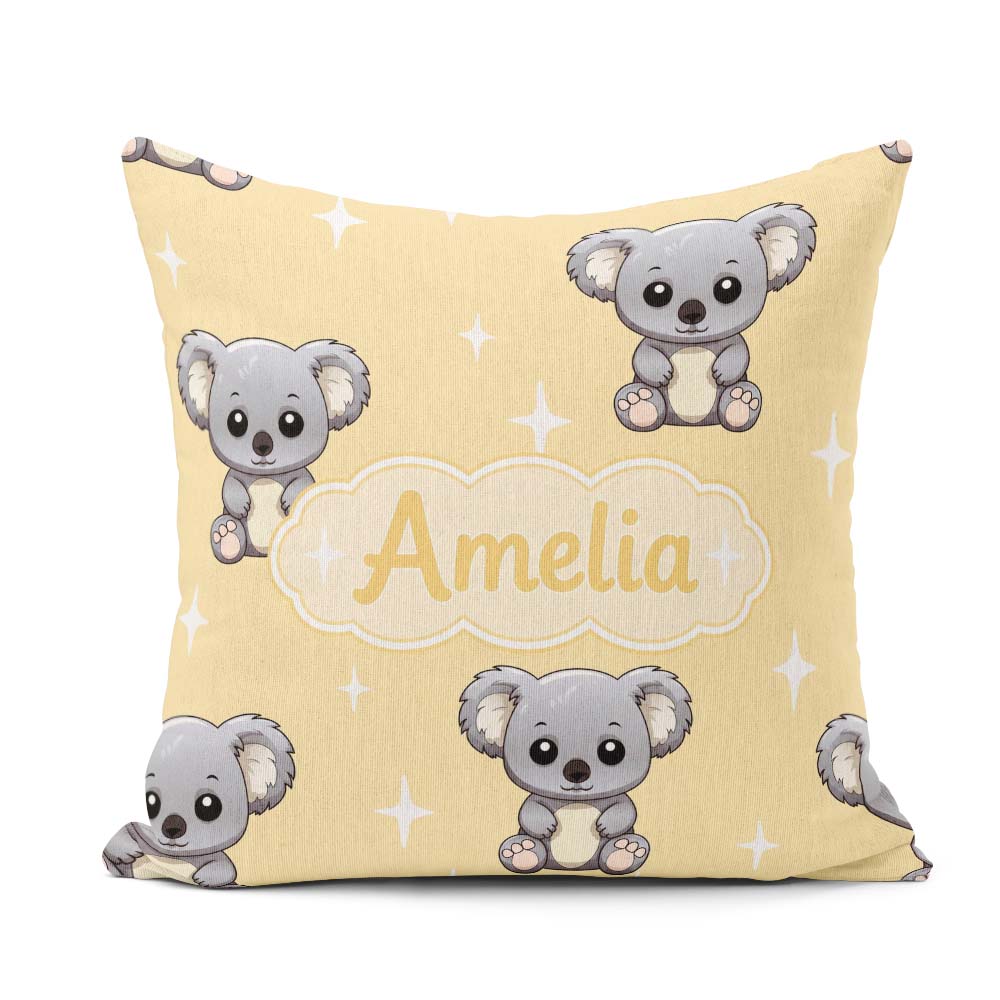 Custom Name Cute Baby Koala Bears on Soft Beige Seamless Pattern Square Filled Cushion Throw Pillow Sofa Bed Home Decor Zip Washable UK Made