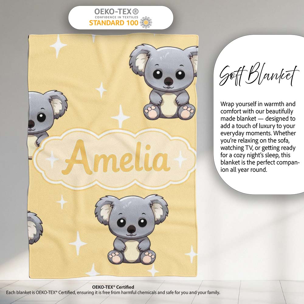 Cute Baby Koala Bears on Soft Beige Background Seamless Pattern Personalised Custom Name Super Soft Fleece Blanket Bed Sofa Throw